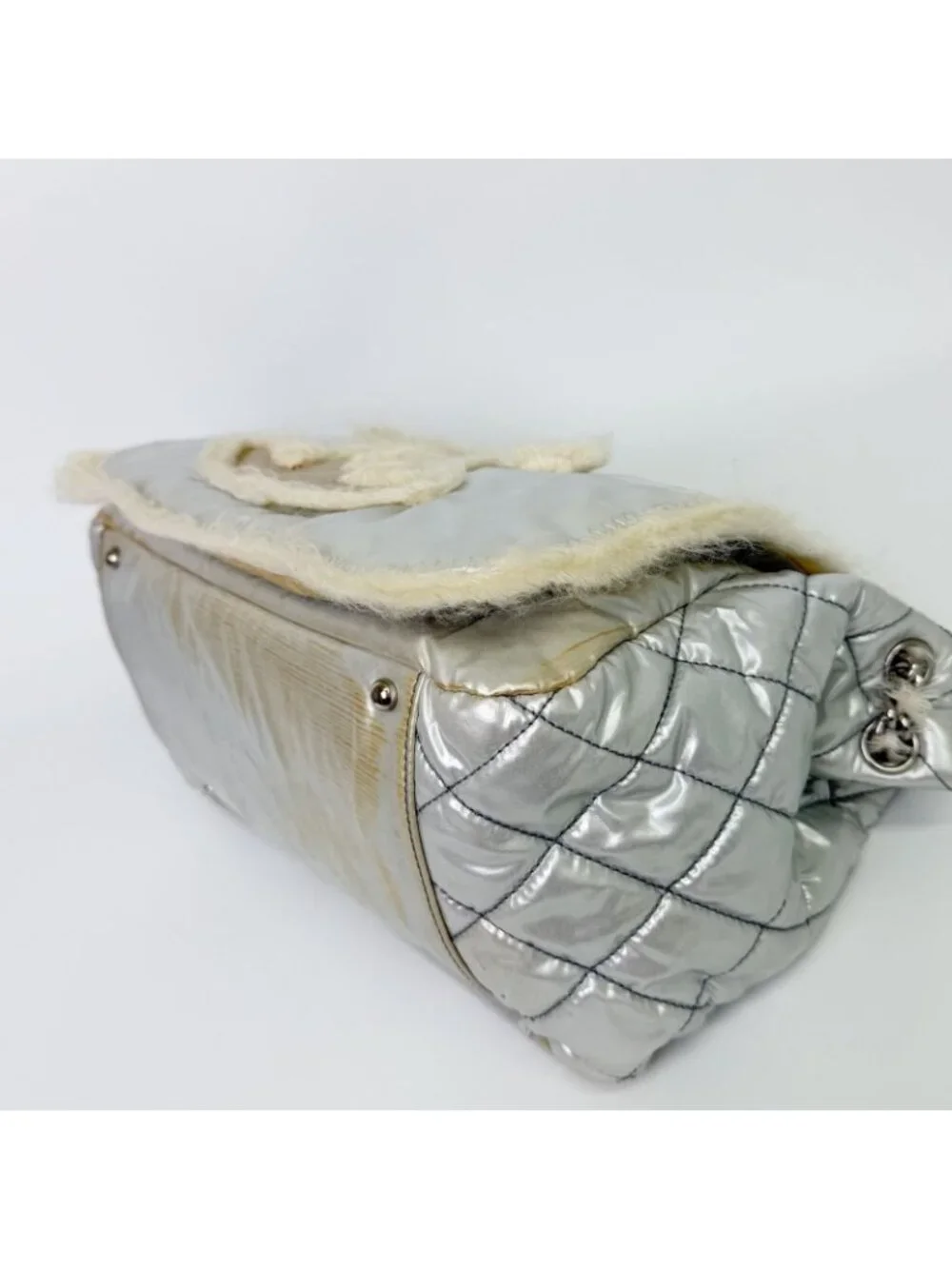 Chanel CC Logo Chain Tote Shoulder Bag Nylon Silver Ivory Seal Vintage
